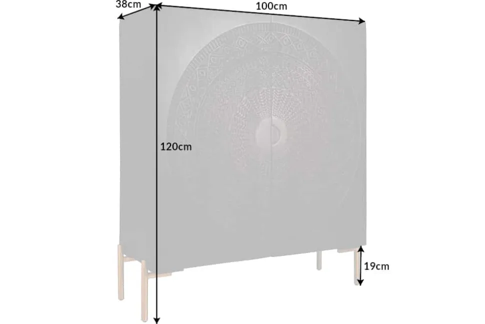 Massives Highboard MANDALA 120cm Mangoholz mit 3D Schnitzereien schwarz goldene Füße