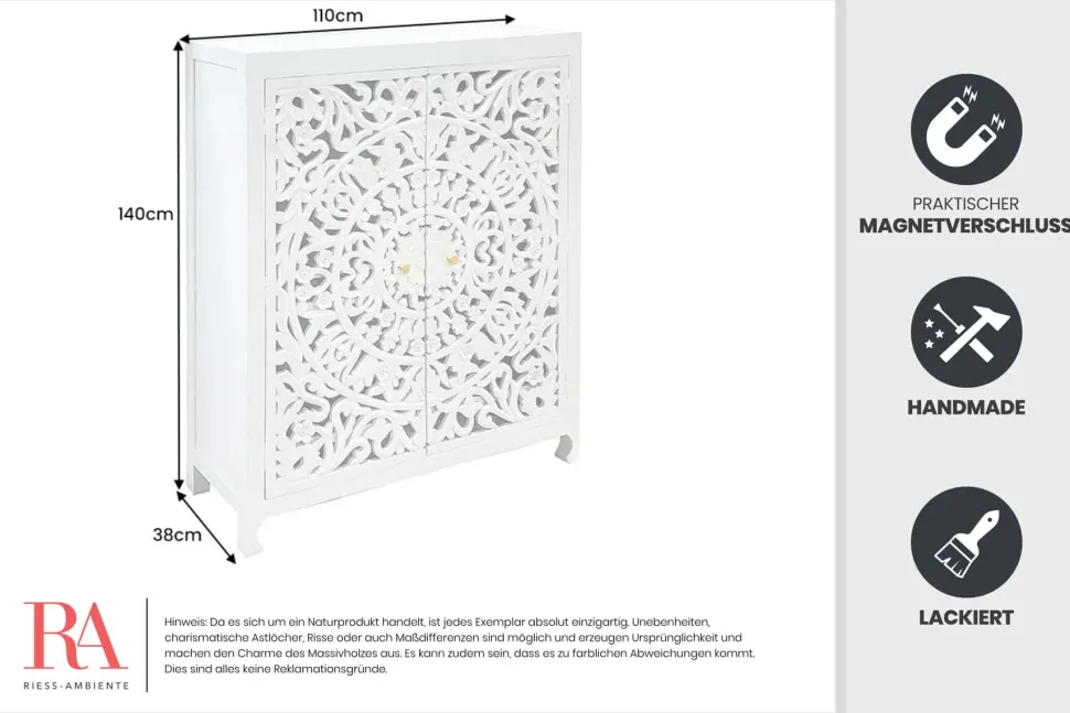Massives Highboard MARRAKESCH 140cm weiß Mangoholz mit Verzierung handmade