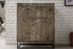 Massives Highboard SCORPION 120cm grau Akazie aufwendige 3D Schnitzereien