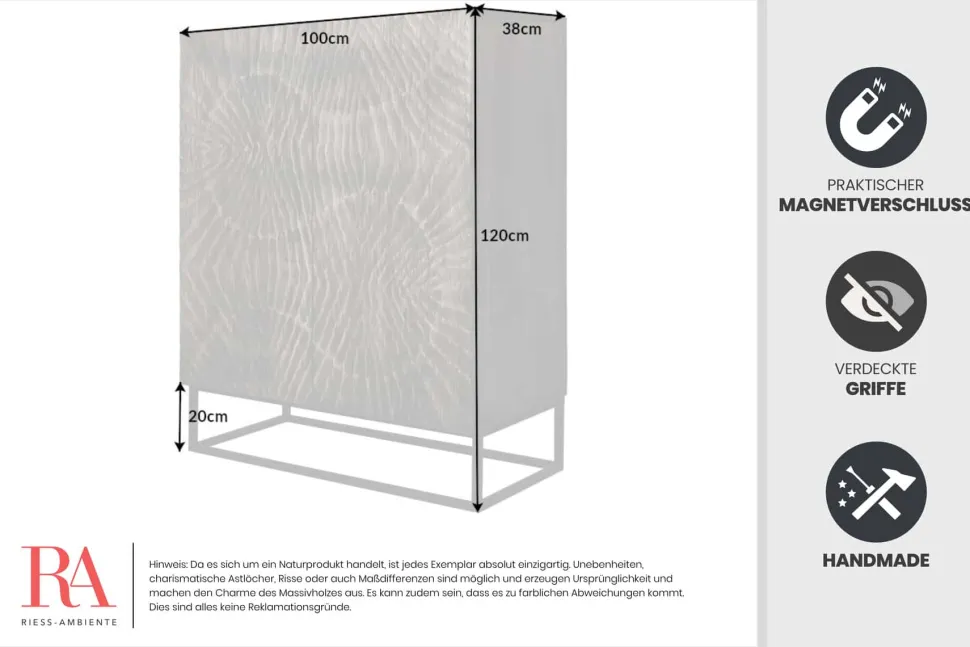Massives Highboard SCORPION 120cm grau Akazie aufwendige 3D Schnitzereien