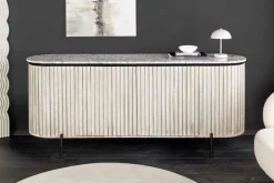 Massives Sideboard ADLON 170cm grau gebürstet Mangoholz mit weißer Marmorplatte