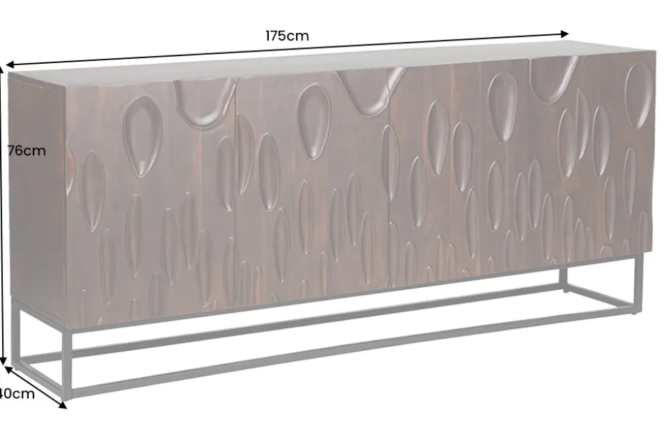 Massives Sideboard DUNE 175cm walnuss-braun Akazienholz 3D-Design schwarz Metall