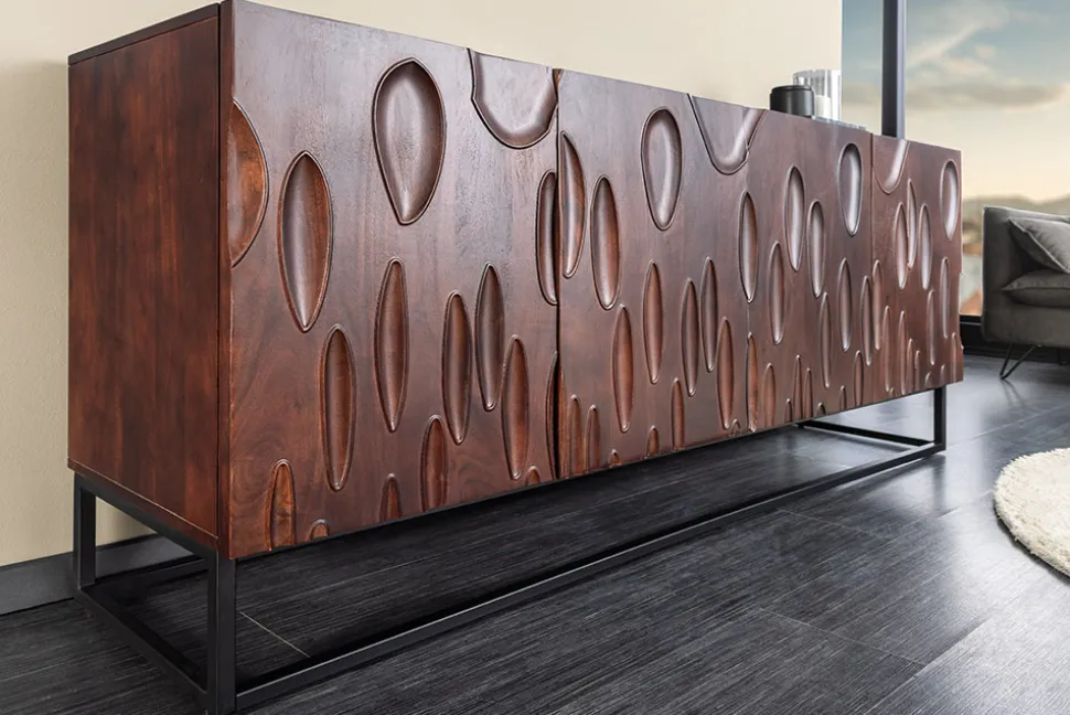 Massives Sideboard DUNE 175cm walnuss-braun Akazienholz 3D-Design schwarz Metall