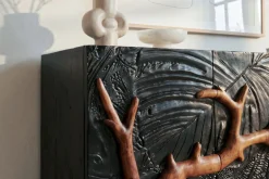 Massives Sideboard FOREST 160cm schwarz braun Mangoholz sechs Fächer 3D-Front