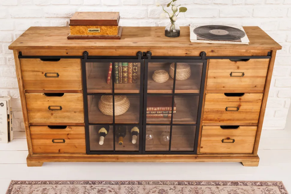 Massives Sideboard HERITAGE 150cm natur Pinienholz Industrial-Türen Metall Vitrine