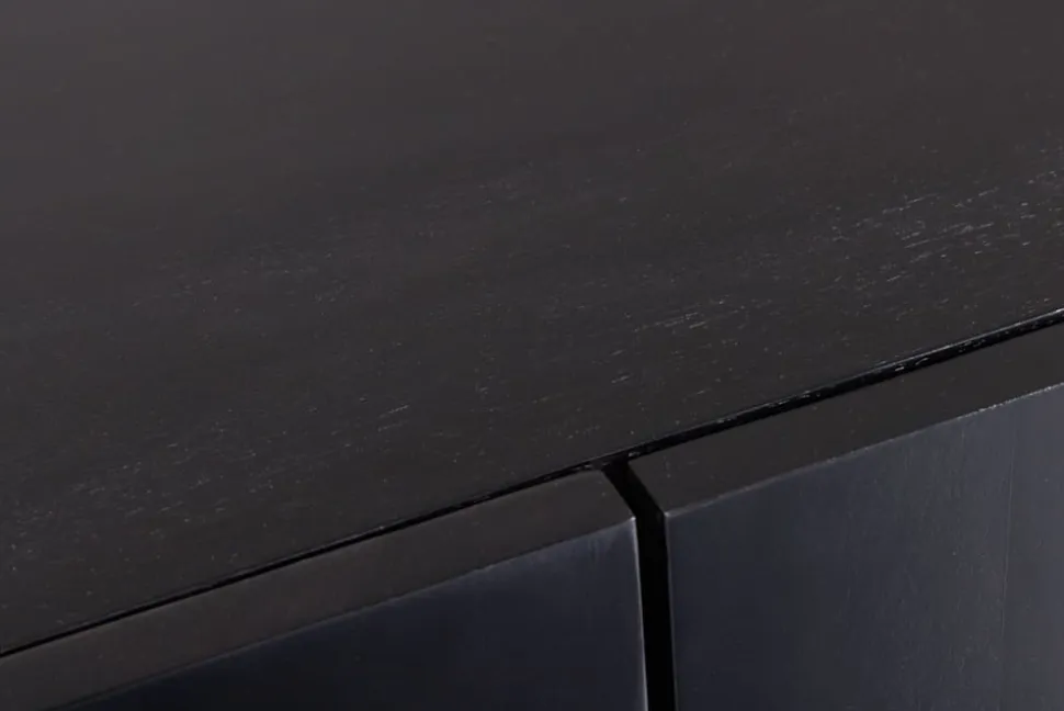 Massives Sideboard MANDALA 160cm Mangoholz schwarz mit 3D Schnitzereien goldene Füße