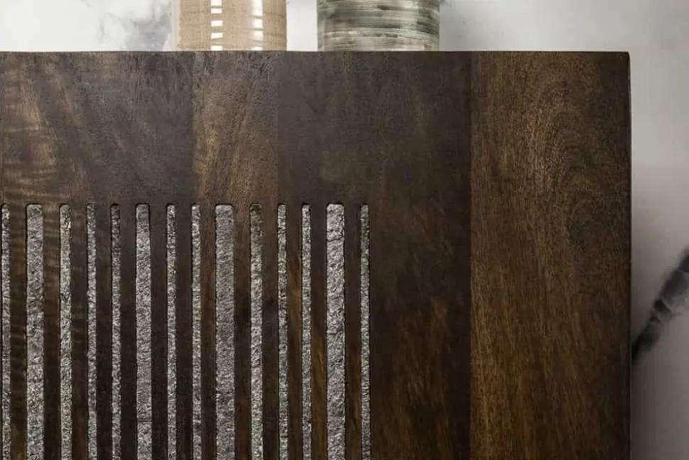 Massives Sideboard ONYX 180cm dunkelbraun Mangoholz Edelstein Achat gold Metallgestell