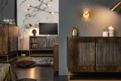 Massives Sideboard ONYX 180cm dunkelbraun Mangoholz Edelstein Achat gold Metallgestell