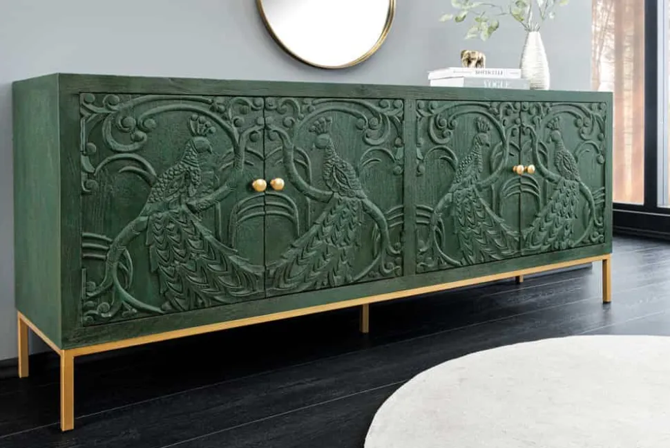 Massives Sideboard PEACOCK 175cm grün Mangoholz antik 3D Schnitzerei Pfau-Design