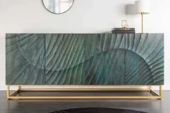Massives Sideboard SCORPION 180cm türkis Mangoholz gold Metall 3D Schnitzereien
