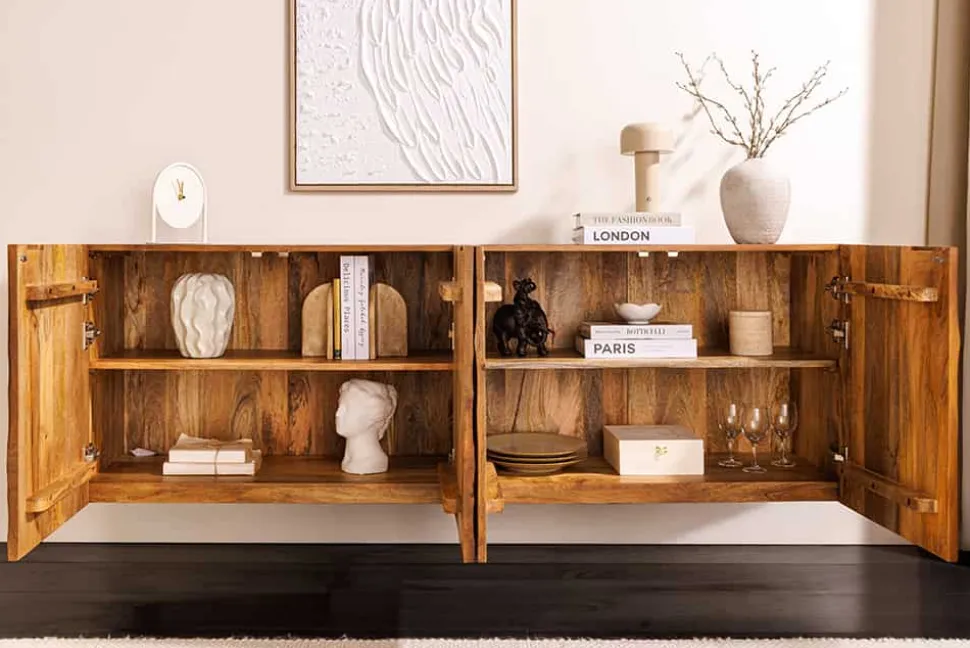 Massives Sideboard SCORPION 180cm braun hängend Mangoholz mit 3D Schnitzereien
