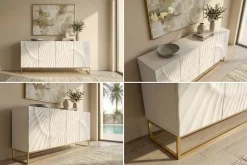 Massives Sideboard SCORPION 180cm weiß Mangoholz gold Metall 3D-Schnitzereien