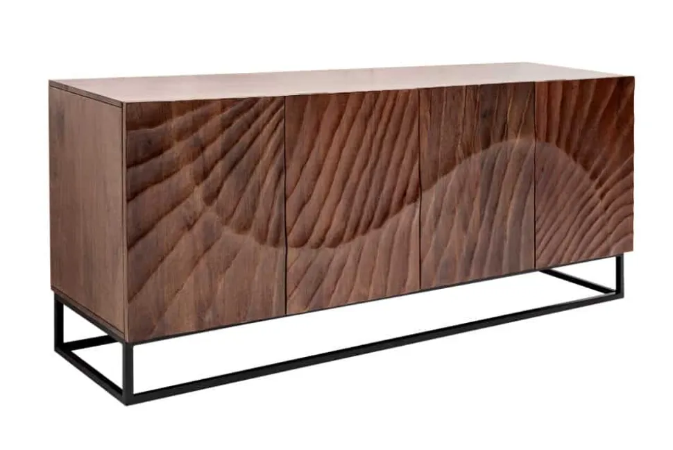 Massives Sideboard SCORPION 180cm dunkelbraun Akazie mit 3D Schnitzereien schwarz Metall