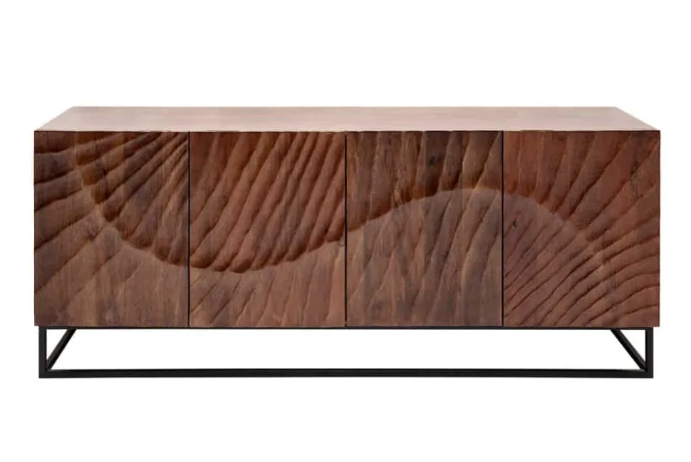 Massives Sideboard SCORPION 180cm dunkelbraun Akazie mit 3D Schnitzereien schwarz Metall