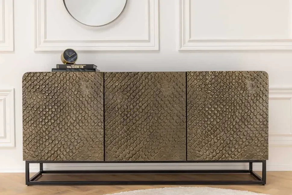 Massives Sideboard SNAKE 160cm braun Mangoholz mit 3D Schnitzereien schwarz Schlangen-Design