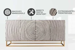 Massives Sideboard ZEN CIRCLES 180cm weiß schwarz gold Mangoholz 3D-Design