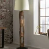 Massive Stehlampe BARRACUDA 177cm natur Akazienholz Baumwollschirm weiß Baumstamm