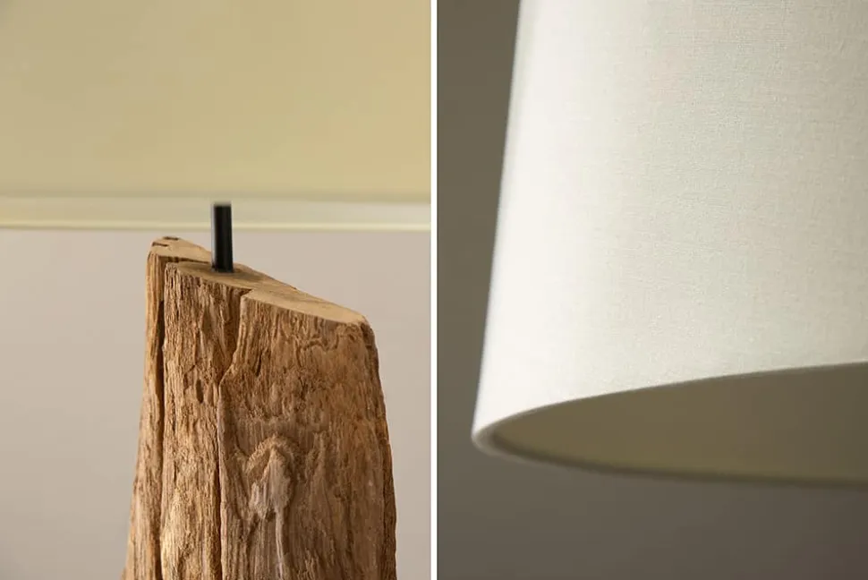 Massive Stehlampe BARRACUDA 177cm natur Akazienholz Baumwollschirm weiß Baumstamm