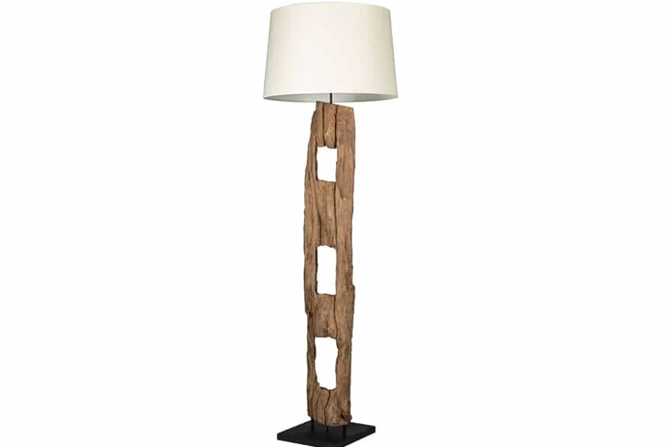 Massive Stehlampe BARRACUDA 177cm natur Akazienholz Baumwollschirm weiß Baumstamm