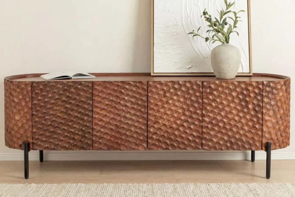 Massives TV-Board ADLON 160cm braun Mangoholz schwarz Metall Lowboard mit 3D- Front
