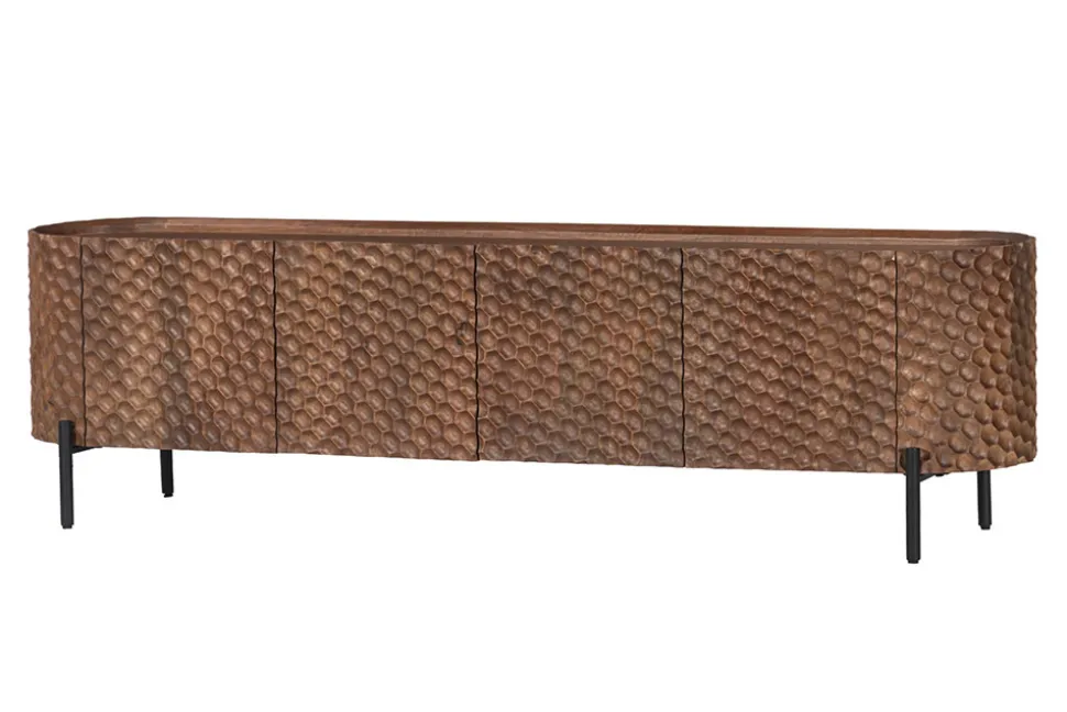 Massives TV-Board ADLON 160cm braun Mangoholz schwarz Metall Lowboard mit 3D- Front