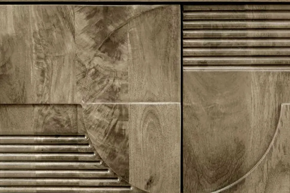 Massives TV-Board ART DECO 200cm grau Mangoholz Lowboard 3D-Front