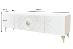 Massives TV-Lowboard GOLDEN SUNSET 180cm weiß gold Mangoholz 3D Schnitzereien Metallfüße