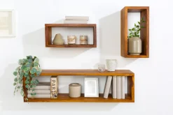 Massives Wandregal 3er Set HEMINGWAY 94cm braun Sheeshamholz stone finish