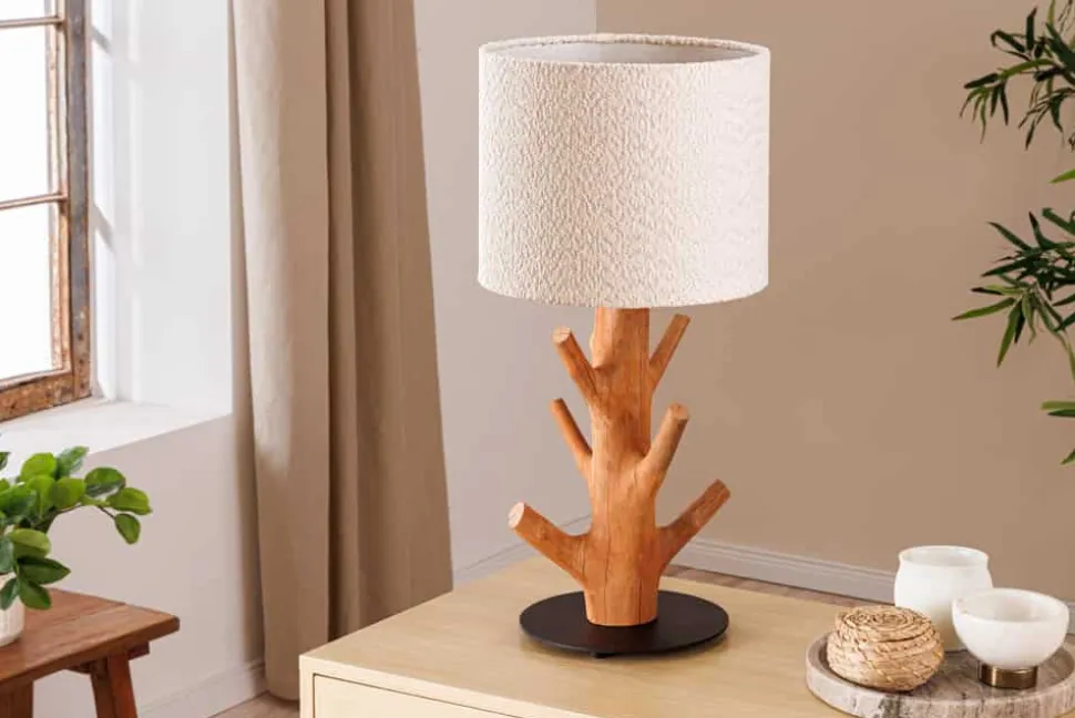 Massive Tischlampe JEWELRY 60cm natur Mangostanholz weißer Stoffschirm