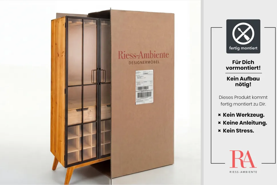 Massive Vitrine SEVEN SEAS 150cm natur Pinie Industrial-Türen Metall Barschrank