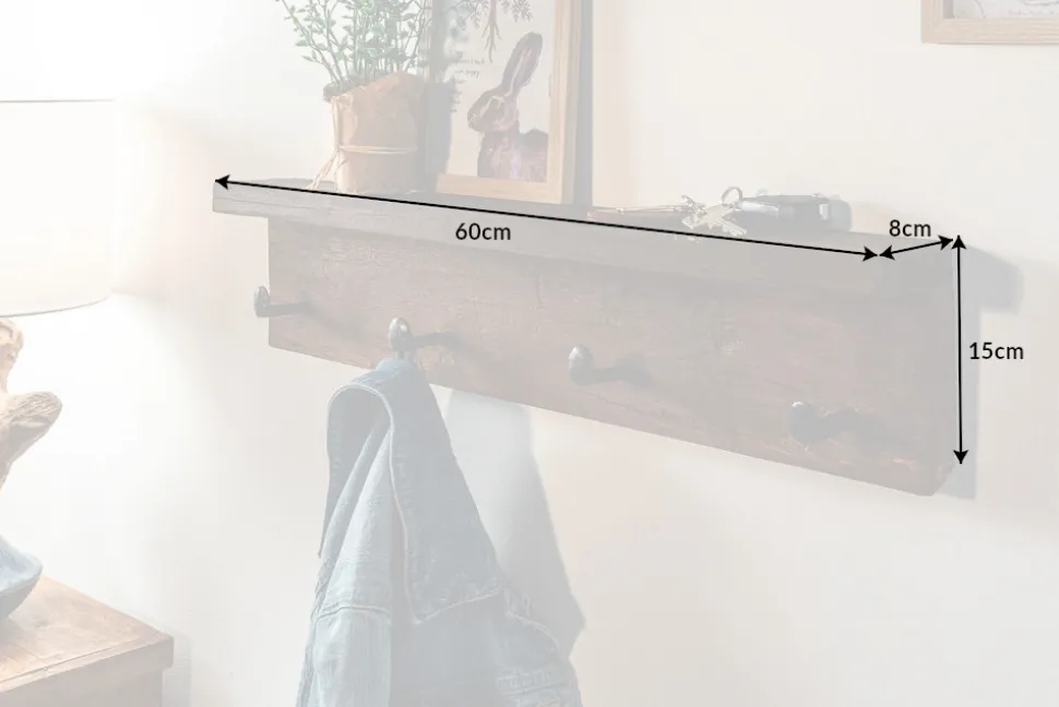 Massive Wandgarderobe HEMINGWAY 60cm natur recyceltes Teakholz mit Ablage