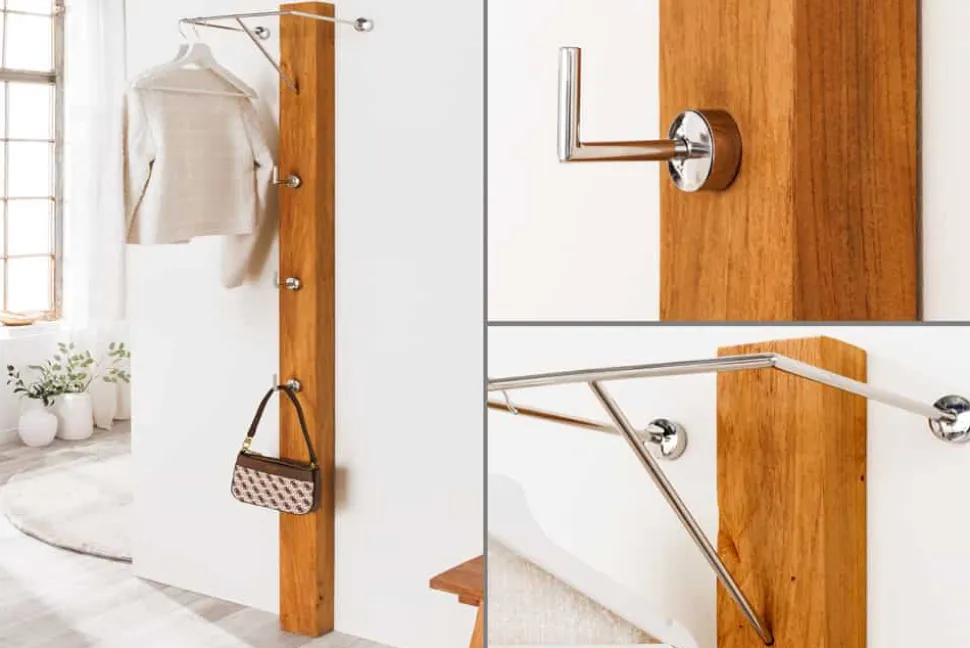 Massive Wandgarderobe JAVA 185cm recyceltes Teakholz mit drei Kleiderhaken