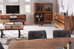 Massivholz Baumkanten Esstisch AMAZONAS 180cm braun Sheesham schwarze Metallbeine