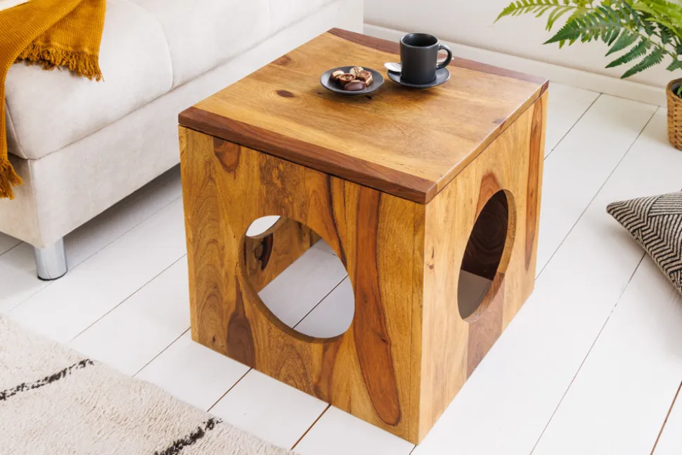 Massivholz Beistelltisch CUBUS 40cm Sheesham stone finish Hocker