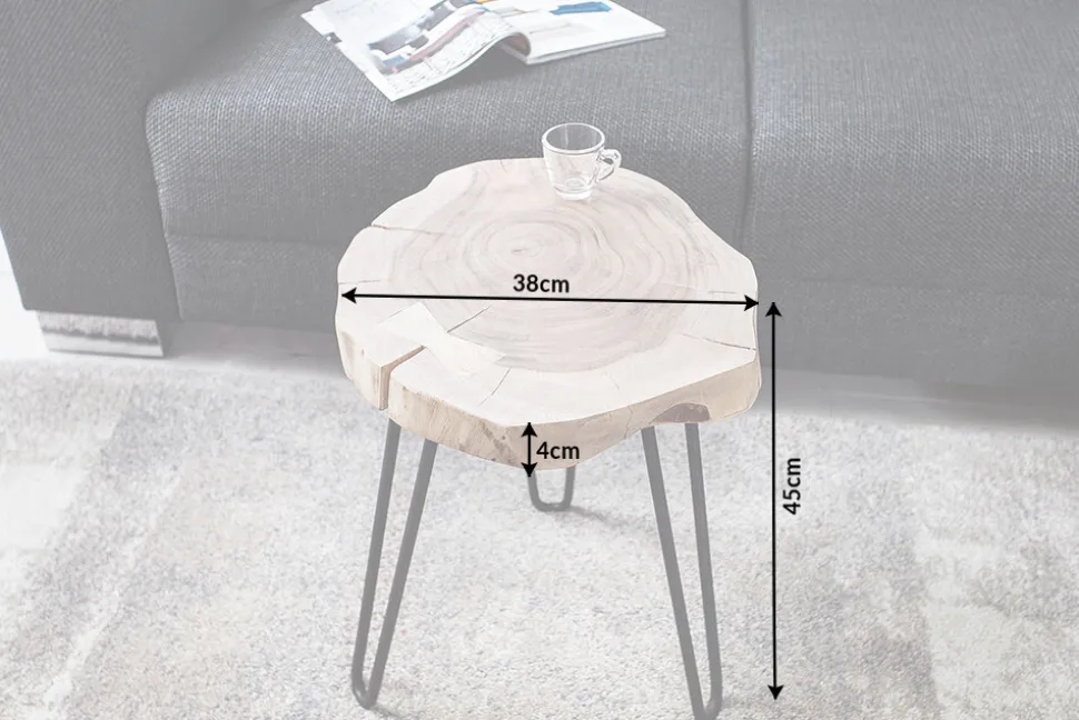 Massivholz Beistelltisch GOA 40cm natur Akazie Baumstamm Metall schwarz Hairpin Legs