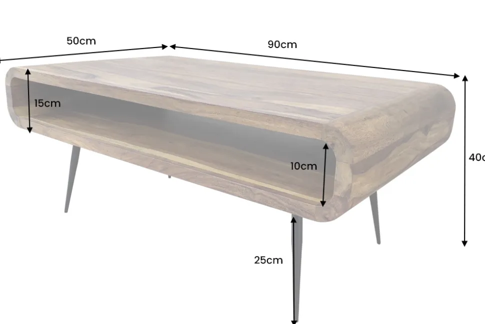Massivholz Couchtisch ALPHA 90cm braun Sheesham stone finish Metallbeine mit Stauraum