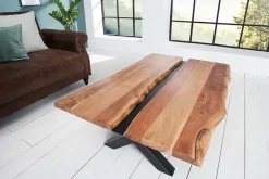 Massivholz Couchtisch AMAZONAS 105cm Akazie schwarzes Metall X-Gestell Baumkante Live Edge