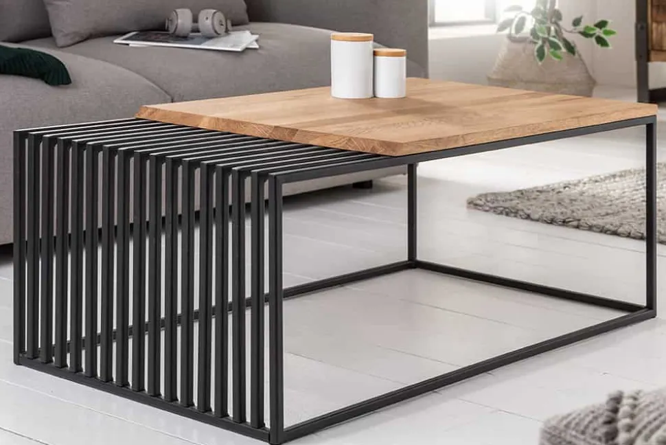Massivholz Couchtisch ARCHITECTURE 100cm Eiche geölt schwarzes Metallgestell