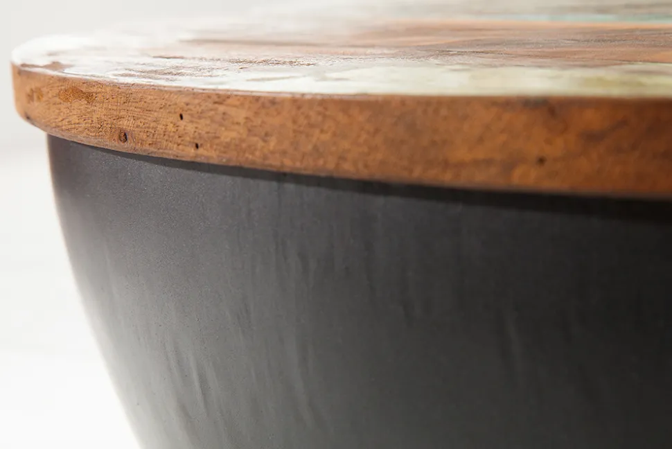 Massivholz Couchtisch JAKARTA 70cm grau rund aus recycelten Fischerbooten