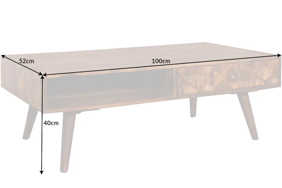 Massivholz Couchtisch MYSTIC LIVING 100cm braun Sheesham stone finish mit Stauraum