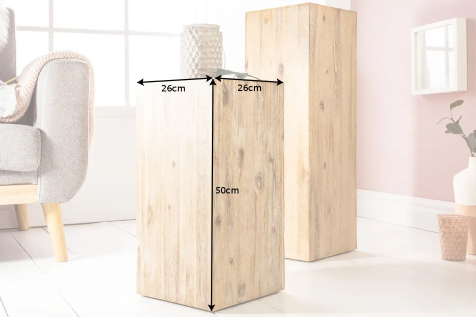 Massivholz Dekosäule COLUMNA 50cm Akazie teak-grau gekälkt Beistelltisch