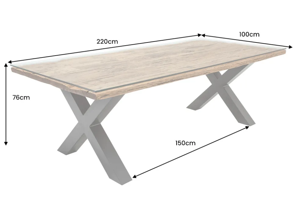 Massivholz Esstisch BARRACUDA 220cm natur Teak schwarz Metall X-Gestell inkl. Glasplatte
