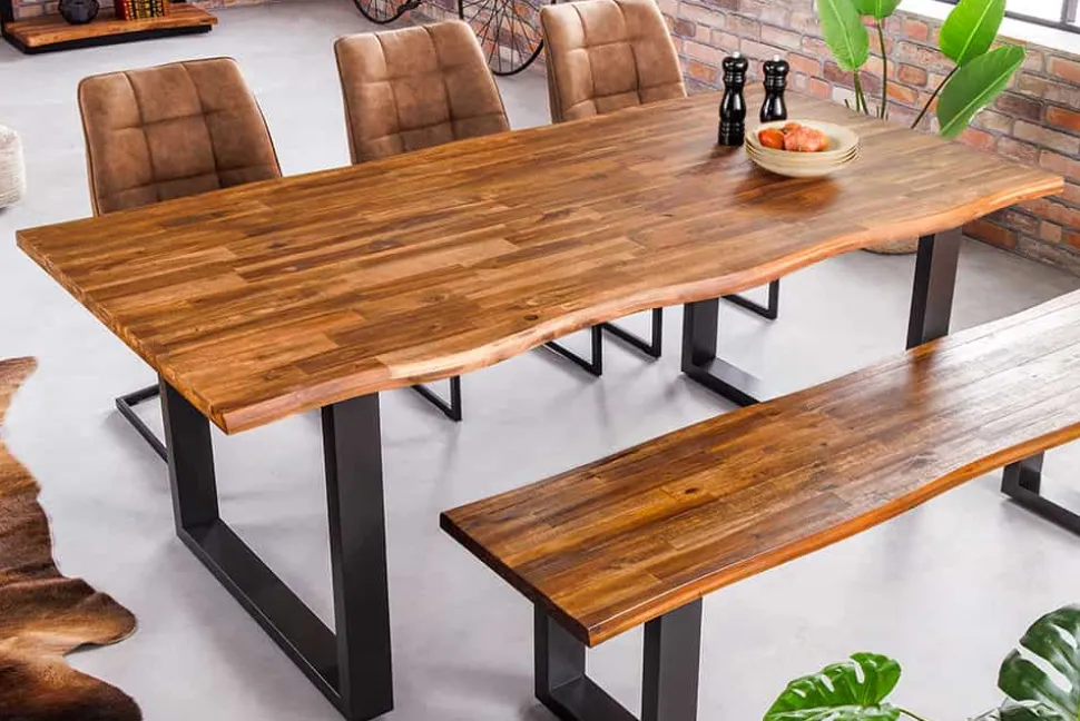 Massivholz Esstisch GENESIS 180cm natur anthrazit Akazie Baumkante Industrial Design