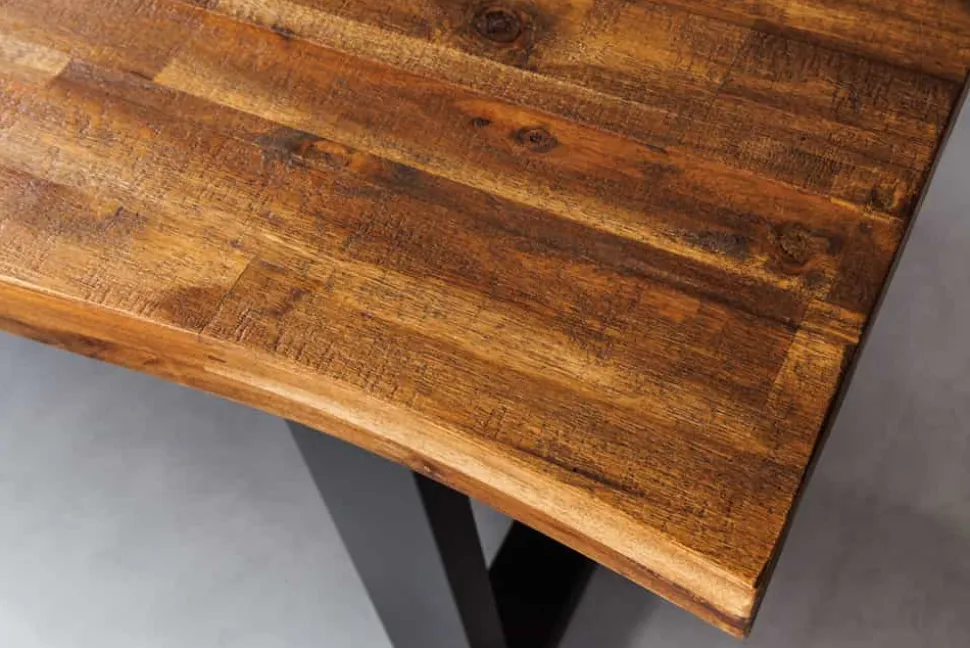 Massivholz Esstisch GENESIS 200cm braun geflammt Akazie Eisen schwarz Baumkante