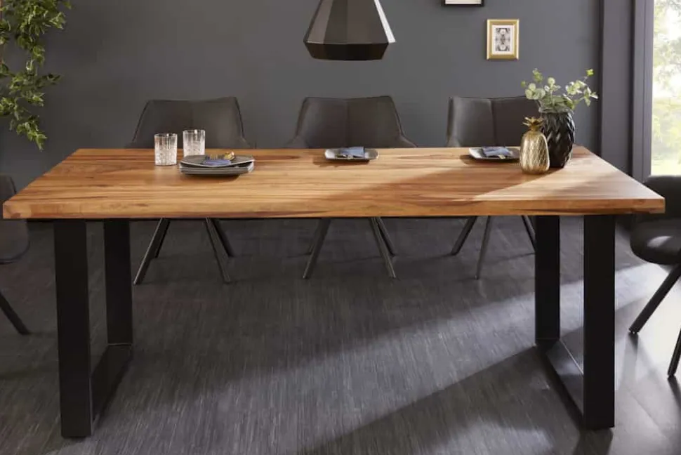 Massivholz Esstisch IRON CRAFT 160cm braun schwarz Sheesham stone finish Industrial