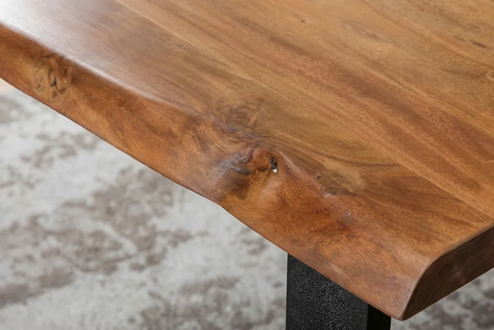 Massivholz Esstisch MAMMUT 200cm Akazie U-Gestell schwarz Metall Baumkante 6cm Tischplatte
