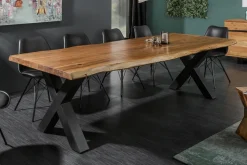 Massivholz Esstisch MAMMUT 180cm Akazie X-Gestell schwarz Baumkante 6cm Tischplatte