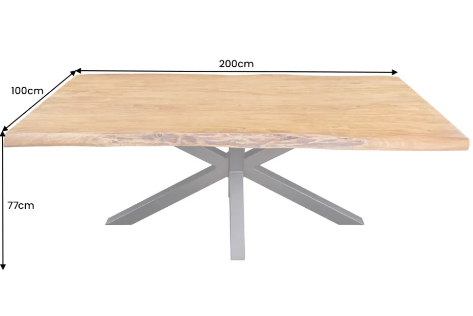 Massivholz Esstisch MAMMUT 200cm Akazie schwarz Metall Baumkante 5cm Tischplatte