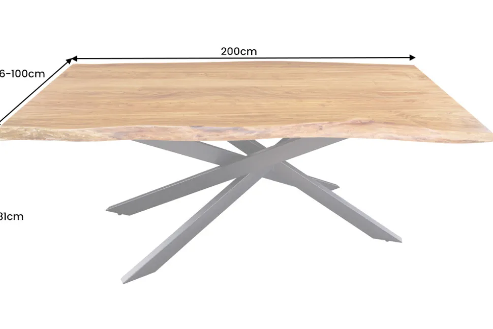 Massivholz Esstisch MAMMUT 200cm Akazie schwarz Metall Baumkante 6cm Tischplatte