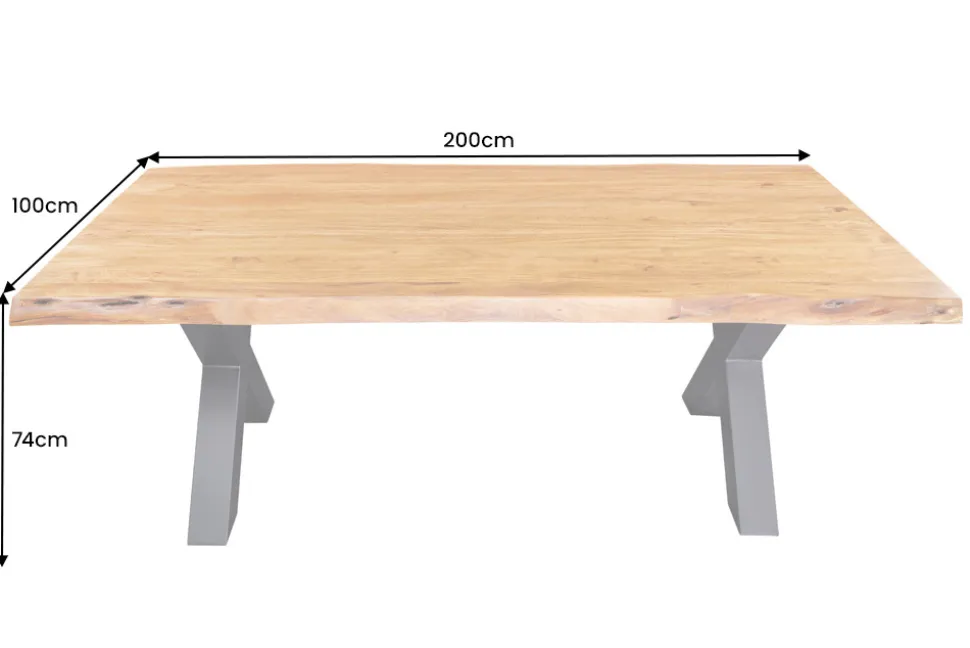 Massivholz Esstisch MAMMUT 200cm Akazie X-Gestell schwarz Metall Baumkante 5cm Tischplatte